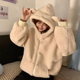 comfy school outfits Winter Thickened Cute Bear Ears Imitation Lamb Fur Age-Reducing Zipper Long Sleeve Hooded Sweater Coat Female Student Fashion