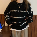 outfit ideas for school Retro Japanese Style Lazy Loose Sweater Women's Thickened Autumn and Winter 2024 New Long Sleeve Striped Half Turtleneck Sweater