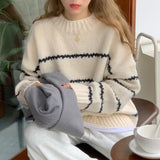 outfit ideas for school Retro Japanese Style Lazy Loose Sweater Women's Thickened Autumn and Winter 2024 New Long Sleeve Striped Half Turtleneck Sweater