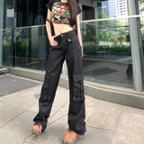 outfit inspo Retro Black Workwear Jeans Women's Summer Straight Wide-Leg Trousers Niche Multi-Pocket Washed Mop Pants Fashion