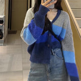 clothes V-neck Color Matching Lazy Style Knitted Cardigan for Women Spring and Autumn New Korean Style Loose All-Match Soft Glutinous Striped Sweater