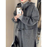 Anokhinaliza skater boy outfits Korean Style High-Grade Gray Horn Buckle Hooded Woolen Coat Mid-Length Autumn and Winter Loose Temperament Coat for Women