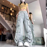 skater boy outfits Multi-Pocket American Wide Leg Loose Casual Denim Wide Leg Pants Women's Low Waist Straight Hiphop Pants Trendy