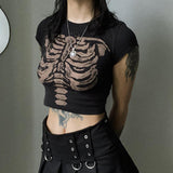 90s streetwear American Retro Dark Style round Neck Skeleton Printed Slim High Waist Navel Women's T-shirt