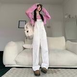 school fits highschool American-Style White Denim Suspender Pants Women's Summer 2024 New High Waist Loose Slimming Small Slimming Wide-Leg Pants