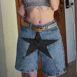 90s streetwear Fashion Five-Pointed Star Stitching Denim Middle Pants High Street Personality Contrast Color Loose Straight Low Waist Hot Girl Shorts Summer