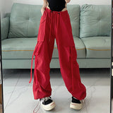 preppy Summer New American Hot Girl Loose Design Drawstring Straight Ankle-Tied Wide-Leg Overalls Mop Pants for Women