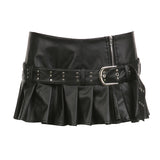 2000s fashion Punk Hot Girl Rivet Belt Split Leather Skirt Fashion Street Sexy Low Waist A- line Pleated Skirt