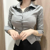 buisnesscore outfit women Elegant Gray Shirt Women's Button Cardigan Regular Slim Slimming Casual Top Spring and Autumn New