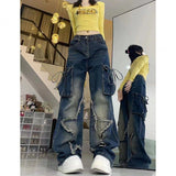 90s streetwear American Ins Retro Five-Pointed Star Workwear Jeans Women's Autumn and Winter High Street Loose Slimming Straight Pants Fashion