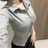 buisnesscore outfit women Elegant Gray Shirt Women's Button Cardigan Regular Slim Slimming Casual Top Spring and Autumn New