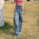 frat outfits Embroidered Small Flower Jeans Women's Contrast Color Leather Label High Waist Draping Wide Leg Loose All-Match Straight Mop Pants