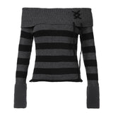 womens fashion American-Style Retro Black and Gray Striped Stitching off-Shoulder Sweater Street Style Slim-Fit Flanging Lace-up New Woolen Top