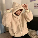 comfy school outfits Winter Thickened Cute Bear Ears Imitation Lamb Fur Age-Reducing Zipper Long Sleeve Hooded Sweater Coat Female Student Fashion