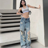 90s streetwear Niche Loose Slimming Ripped Wide-Leg Pants 2024 Summer New American Chic High Street Fashion High Waist Mopping Pants