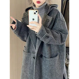 skater boy outfits Korean Style High-Grade Gray Horn Buckle Hooded Woolen Coat Mid-Length Autumn and Winter Loose Temperament Coat for Women