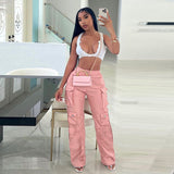 outfit inspo 2024 Women's Tooling Pu Imitation Leather Pocket High Waist Loose Straight Casual Trousers