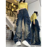 90s streetwear American Ins Retro Five-Pointed Star Workwear Jeans Women's Autumn and Winter High Street Loose Slimming Straight Pants Fashion