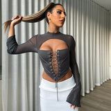 pastel goth Women's Autumn New Solid Color Casual Backless round Neck Long Sleeve Lace-up Mesh Slim Top