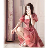 Anokhinaliza cherry blossom dress to impress Pink Square Collar Puff Sleeve Waist-Tight Dress Women's Summer New Small Slimming Tea Break Princess Temperament Skirt