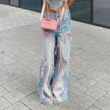 senior jeans American Style Street Style Pink Bow Loose Wide Leg Jeans Women's All-Match High Waist Gradient Color Casual Trousers