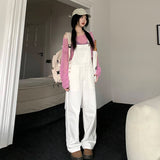 school fits highschool American-Style White Denim Suspender Pants Women's Summer 2024 New High Waist Loose Slimming Small Slimming Wide-Leg Pants