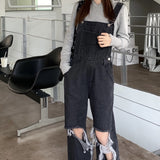 guys clothing styles Black and Gray Ripped Denim Suspender Pants Women's Korean-Style High Waist Loose Slimming Straight Wide-Leg Pants 