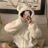 comfy school outfits Winter Thickened Cute Bear Ears Imitation Lamb Fur Age-Reducing Zipper Long Sleeve Hooded Sweater Coat Female Student Fashion