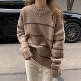 outfit ideas for school Retro Japanese Style Lazy Loose Sweater Women's Thickened Autumn and Winter 2024 New Long Sleeve Striped Half Turtleneck Sweater