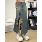 skirt outfits Irregular Split American Retro plus Size Washed High Waist A- line Hip Fishtail Denim Skirt Women's Mid-Length Skirt