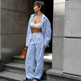 outfit inspo Fall 2024 Blue Striped Long-Sleeved Trousers Women's Home Wear Comfortable Casual Pajamas Two-Piece Set