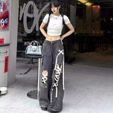 skater boy outfits American-Style Street Lace-up Ripped Lace-up Jeans Women's Niche Straight Pants Loose Wide-Leg Mop Pants