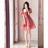 cherry blossom dress to impress Pink Square Collar Puff Sleeve Waist-Tight Dress Women's Summer New Small Slimming Tea Break Princess Temperament Skirt