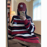 90s streetwear Retro American Sweater Women's round Neck Chic Korean Style Striped Sweater Lazy Style Autumn Women's Fashion