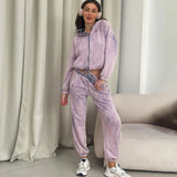 comfy school outfits Women's Double Waist Loose Sweatpants Two-Piece Suit High-Grade Washed Distressed Zipper Hooded Sweater Suit