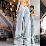 skater boy outfits Multi-Pocket American Wide Leg Loose Casual Denim Wide Leg Pants Women's Low Waist Straight Hiphop Pants Trendy