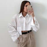 2024 fall fashion trends Asymmetric Stitching Short White Shirt 2024 Autumn New Style Navel-Exposed Fashion Casual Temperament Design Women's Clothing