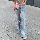 senior jeans American Style Street Style Pink Bow Loose Wide Leg Jeans Women's All-Match High Waist Gradient Color Casual Trousers