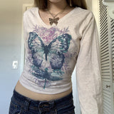 90s streetwear Women's Butterfly Print T-shirt Chicken Collar Top Long Sleeve Short Outer Wear Hot Girl Y2K Inner Wear