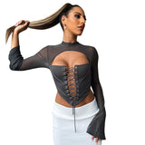 pastel goth Women's Autumn New Solid Color Casual Backless round Neck Long Sleeve Lace-up Mesh Slim Top