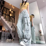 skater boy outfits Multi-Pocket American Wide Leg Loose Casual Denim Wide Leg Pants Women's Low Waist Straight Hiphop Pants Trendy