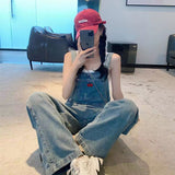 outfit ideas Design Sense Spring and Summer Embroidered Wear Denim Suspender Pants Women's Salt Retro Small Tooling High Waist Straight Jumpsuit