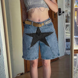 90s streetwear Fashion Five-Pointed Star Stitching Denim Middle Pants High Street Personality Contrast Color Loose Straight Low Waist Hot Girl Shorts Summer