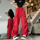 Anokhinaliza preppy Summer New American Hot Girl Loose Design Drawstring Straight Ankle-Tied Wide-Leg Overalls Mop Pants for Women