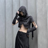 outfit inspo Hooded Two-Piece Top Women's Black Cross Long Sleeve Ultra Short Style