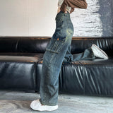 90s streetwear American Retro Workwear Jeans Women's Spring and Autumn Sweet Cool High Waist Flanging Drape Loose Straight Wide Leg Pants