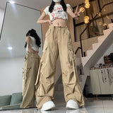 preppy Summer New American Hot Girl Loose Design Drawstring Straight Ankle-Tied Wide-Leg Overalls Mop Pants for Women