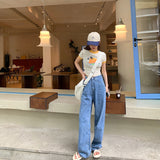 90s streetwear High Waist Straight Jeans Women's Summer Korean Style Ins Retro Versatile Casual Loose Wide Leg Mop Long Pants Fashion