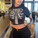 90s streetwear American Retro Dark Style round Neck Skeleton Printed Slim High Waist Navel Women's T-shirt