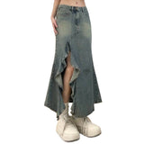 skirt outfits Irregular Split American Retro plus Size Washed High Waist A- line Hip Fishtail Denim Skirt Women's Mid-Length Skirt